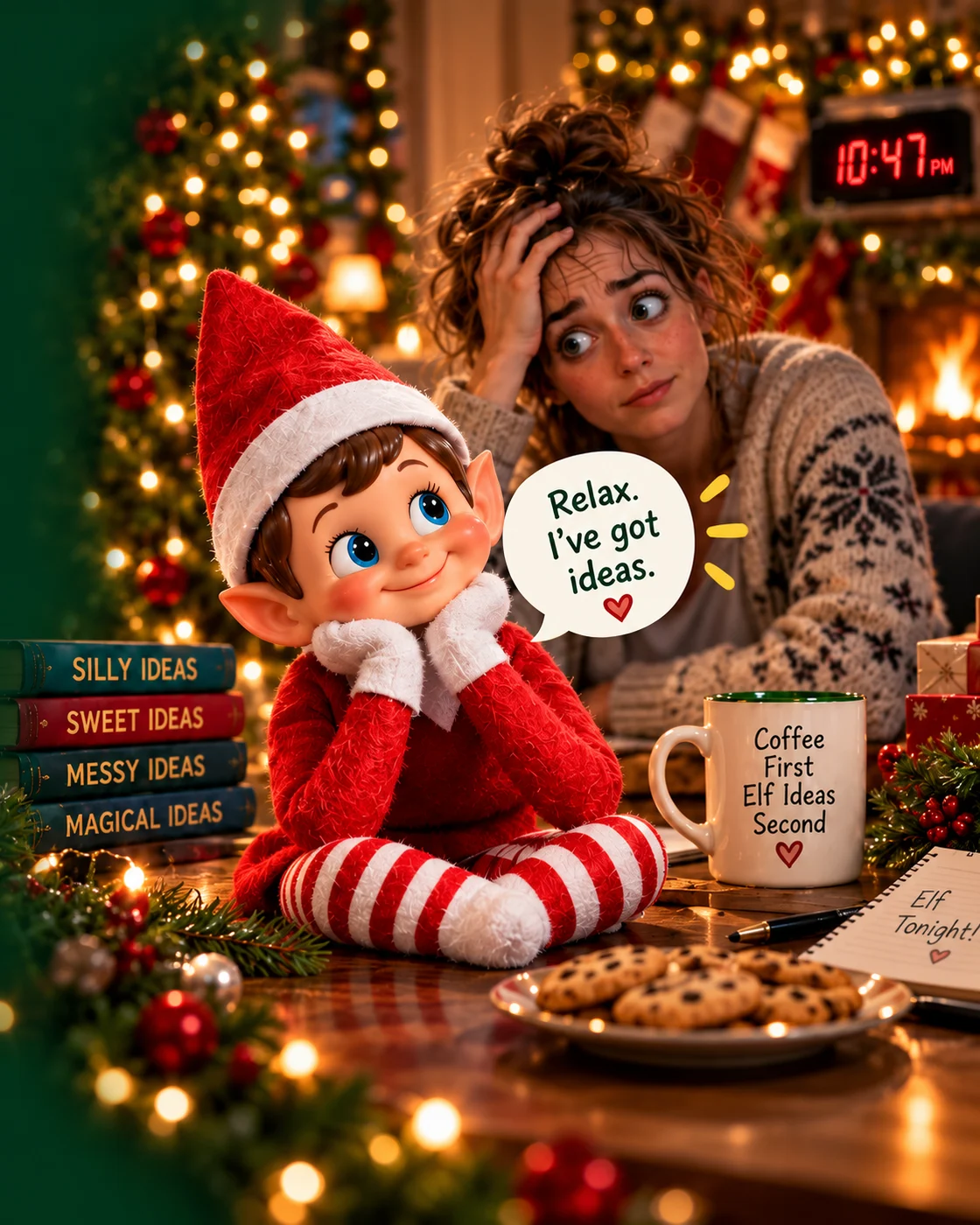 A cheerful elf reassures a tired parent: Relax. I’ve got ideas.
